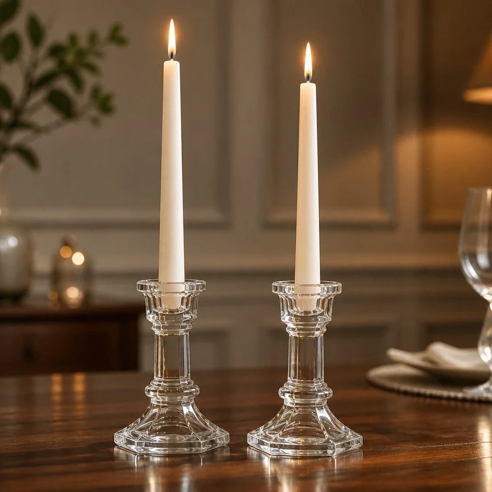 Vintage Glass Candlestick Set Clear Hexagon Base Fluted Taper Colonial Decor